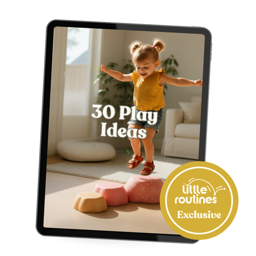 Tablet displaying a child playing with GrowSteps stepping stones and '30 Play Ideas' text, branded as 'little routines'.