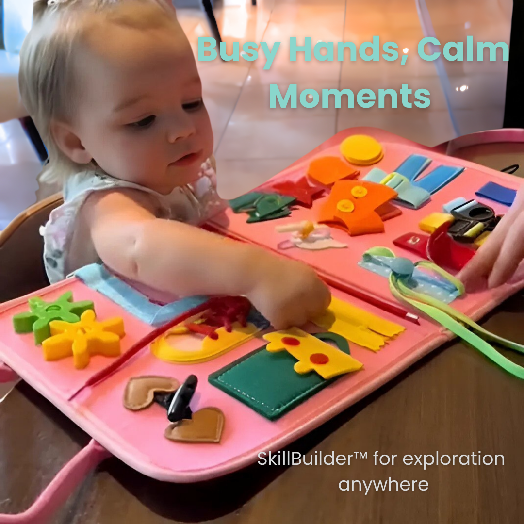 Child playing with a pink activity book with various shapes and textures.